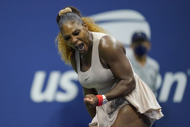 Serena Williams, of the United States, reacts during a semifinal match of the US Open tennis championships against Victoria Azarenka, of Belarus, Thursday, Sept. 10, 2020, in New York. (AP Photo/Frank Franklin II)
