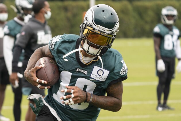 Philadelphia Eagles wide receiver DeSean Jackson in action during an NFL football practice, Thursday, Sept. 24, 2020, in Philadelphia. (AP Photo/Chris Szagola, Pool)