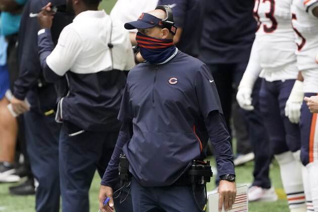 Chicago Bears head coach Matt Nagy watches play against the Atlanta Falcons during the second half of an NFL football game, Sunday, Sept. 27, 2020, in Atlanta. (AP Photo/John Bazemore)