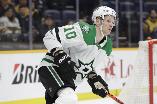 Dallas Stars right wing Corey Perry plays against the Nashville Predators in the first period of an NHL hockey game Thursday, March 5, 2020, in Nashville, Tenn. (AP Photo/Mark Humphrey)