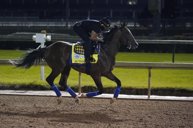 Kentucky Derby entry Authentic runs during a workout at Churchill Downs, Friday, Sept. 4, 2020, in Louisville, Ky. The Kentucky Derby is scheduled for Saturday, Sept. 5th. (AP Photo/Darron Cummings) Kentucky Derby entry Authentic runs during a workout at Churchill Downs, Friday, Sept. 4, 2020, in Louisville, Ky. The Kentucky Derby is scheduled for Saturday, Sept. 5th. (AP Photo/Darron Cummings)