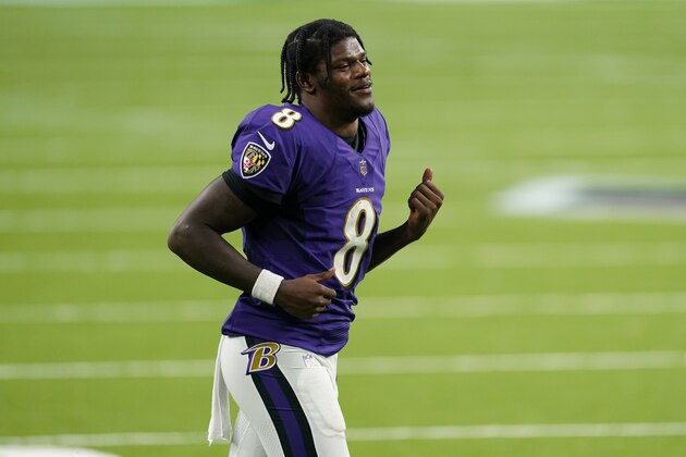 Baltimore Ravens quarterback Lamar Jackson runs off the field after an NFL football game against the Houston Texans, Sunday, Sept. 20, 2020, in Houston. (AP Photo/David J. Phillip)