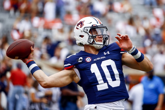 Auburn quarterback Bo Nix warms up before the start of an NCAA college football game against Kentucky on Saturday, Sept. 26, 2020 in Auburn, Alabama. (AP Photo/Butch Dill)