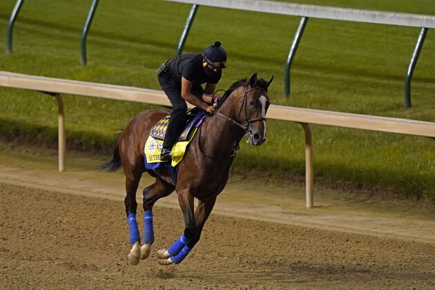 Kentucky Derby entry Authentic runs during an early morning workout at Churchill Downs, Friday, Sept. 4, 2020, in Louisville, Ky. The Kentucky Derby is scheduled for Saturday, Sept. 5th. (AP Photo/Charlie Riedel)