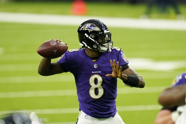 Baltimore Ravens quarterback Lamar Jackson (8) looks to pass during an NFL football game against the Houston Texans, Sunday, Sept. 20, 2020, in Houston. (AP Photo/Matt Patterson)