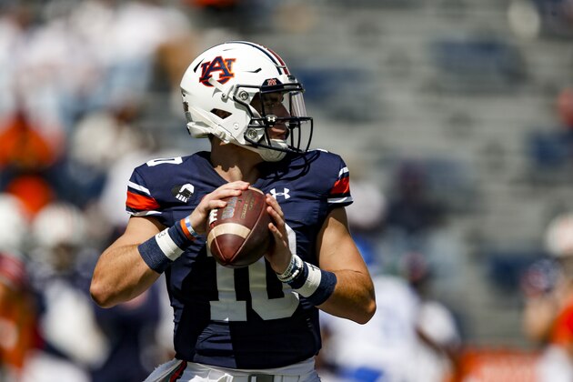 Auburn quarterback Bo Nix (10) throws a pass against Kentucky during the second quarter of an NCAA college football game on Saturday, Sept. 26, 2020 in Auburn, Ala. (AP Photo/Butch Dill)