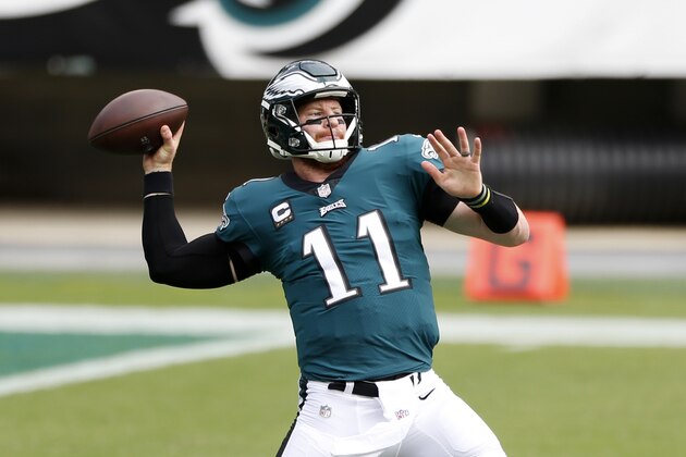 Philadelphia Eagles' Carson Wentz passes during the first quarter of an NFL football game against the Cincinnati Bengals, Sunday, Sept. 27, 2020, in Philadelphia. (AP Photo/Laurence Kesterson) Philadelphia Eagles' Carson Wentz passes during the first quarter of an NFL football game against the Cincinnati Bengals, Sunday, Sept. 27, 2020, in Philadelphia. (AP Photo/Laurence Kesterson)