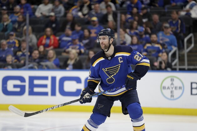 St. Louis Blues' Alex Pietrangelo in action during the third period of an NHL hockey game against the Florida Panthers Monday, March 9, 2020, in St. Louis. (AP Photo/Jeff Roberson)