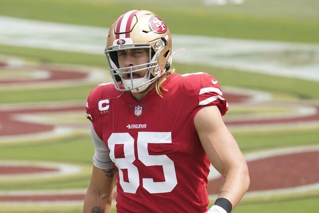 San Francisco 49ers tight end George Kittle (85) warms up before an NFL football game against the Arizona Cardinals in Santa Clara, Calif., Sunday, Sept. 13, 2020. (AP Photo/Tony Avelar)