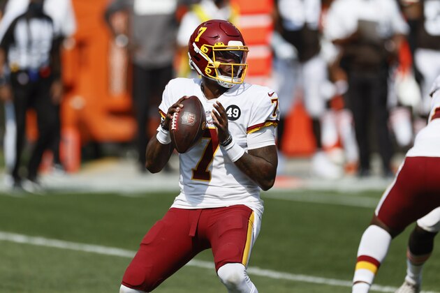 Washington Football Team quarterback Dwayne Haskins looks to throw against the Cleveland Browns during the first half of an NFL football game, Sunday, Sept. 27, 2020, in Cleveland. (AP Photo/Ron Schwane)