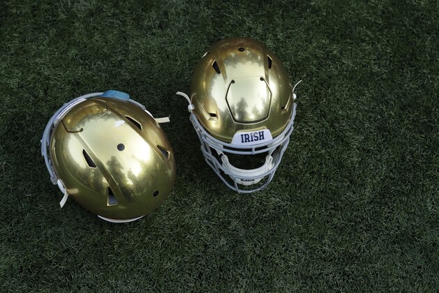 Notre Dame helmets are seen following an NCAA college football game against Pittsburgh, Saturday, Oct. 13, 2018, in South Bend, Ind. Notre Dame won 19-14. (AP Photo/Darron Cummings)