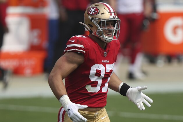 San Francisco 49ers' Nick Bosa (97) reacts after a play during an NFL football game against the Arizona Cardinals on Sunday, Sept. 13, 2020, in Santa Clara, Calif. (AP Photo/Scot Tucker)