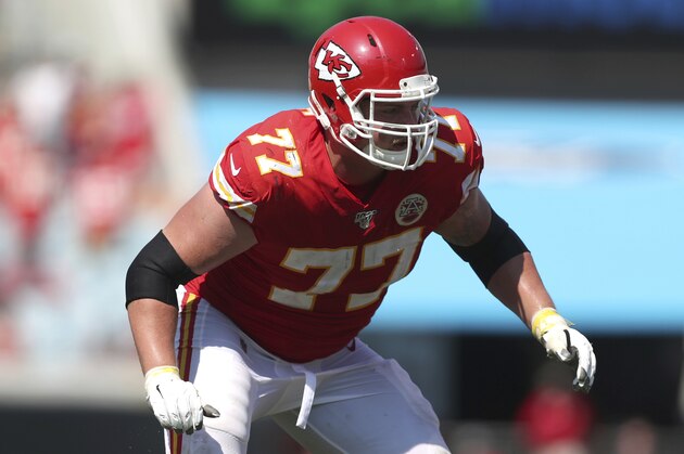Kansas City Chiefs offensive guard Andrew Wylie (77) makes a move to block on the line of scrimmage during an NFL football game against the Jacksonville Jaguars, Sunday, Sept. 8, 2019, in Jacksonville, Fla. The Chiefs defeated the Jaguars 40-26. (AP Photo/Perry Knotts)