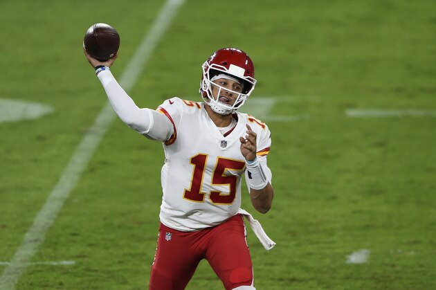 Kansas City Chiefs quarterback Patrick Mahomes (15) throws during the first half of an NFL football game against the Baltimore Ravens, Monday, Sept. 28, 2020, in Baltimore. (AP Photo/Gail Burton)
