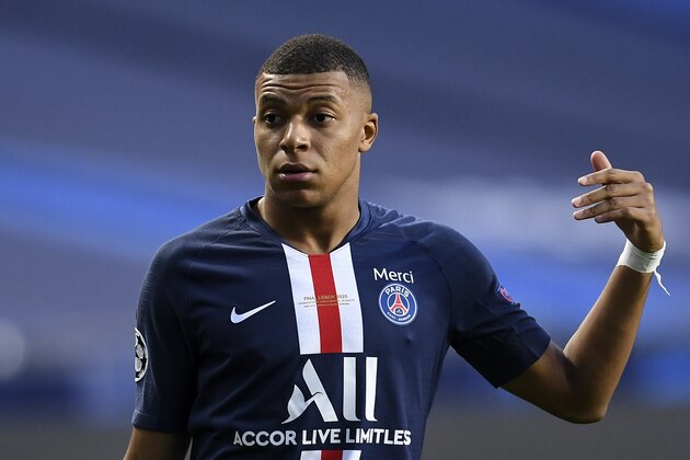 PSG's Kylian Mbappe reacts during the Champions League final soccer match between Paris Saint-Germain and Bayern Munich at the Luz stadium in Lisbon, Portugal, Sunday, Aug. 23, 2020. (David Ramos/Pool via AP)