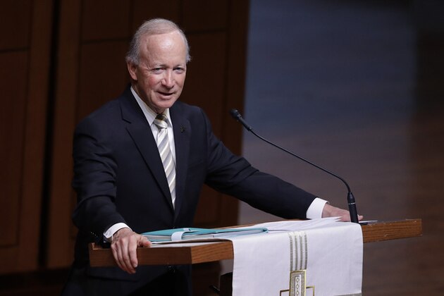 Former Indiana Governor Mitch Daniels, president of Purdue University, speaks during a funeral service for Sen. Richard Lugar, Wednesday, May 15, 2019, in Indianapolis. Lugar was a longtime Republican senator and former Indianapolis mayor who's been hailed as an