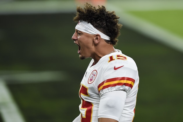 Kansas City Chiefs quarterback Patrick Mahomes (15) reacts before an NFL football game against the Kansas City Chiefs, Monday, Sept. 28, 2020, in Baltimore. (AP Photo/Gail Burton)