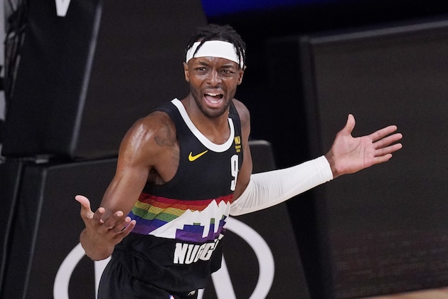 Denver Nuggets' Jerami Grant (9) reacts to a call during the first half of an NBA conference final playoff basketball game against the Los Angeles Lakers Thursday, Sept. 24, 2020, in Lake Buena Vista, Fla. (AP Photo/Mark J. Terrill) Denver Nuggets' Jerami Grant (9) reacts to a call during the first half of an NBA conference final playoff basketball game against the Los Angeles Lakers Thursday, Sept. 24, 2020, in Lake Buena Vista, Fla. (AP Photo/Mark J. Terrill)