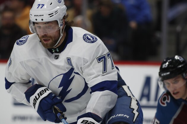 Tampa Bay Lightning defenseman Victor Hedman (77) in the first period of an NHL hockey game Monday, Feb. 17, 2020, in Denver. (AP Photo/David Zalubowski)