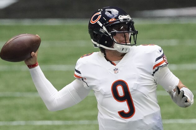 Chicago Bears quarterback Nick Foles (9) works against the Atlanta Falcons during the second half of an NFL football game, Sunday, Sept. 27, 2020, in Atlanta. (AP Photo/John Bazemore)