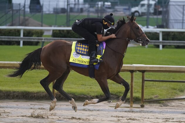 Kentucky Derby entry Authentic runs during a workout at Churchill Downs, Wednesday, Sept. 2, 2020, in Louisville, Ky. The 146th running of the Kentucky Derby is scheduled for Saturday, Sept. 5th. (AP Photo/Darron Cummings)