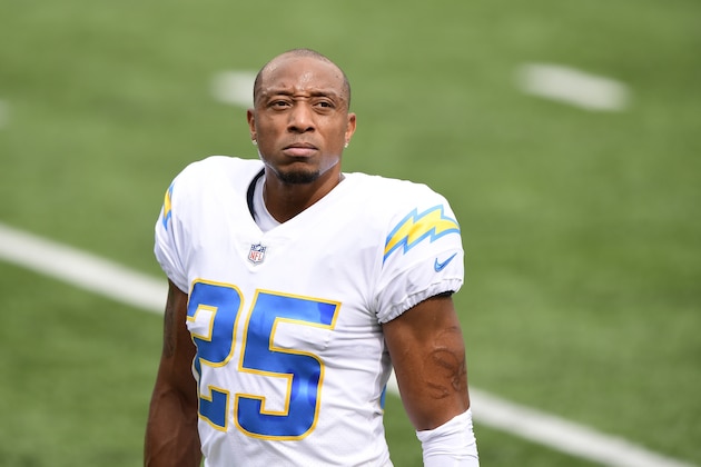 Los Angeles Chargers cornerback Chris Harris (25) looks on prior to an NFL football game against the Cincinnati Bengals, Sunday, Sept. 13, 2020, in Cincinnati. (AP Photo/Emilee Chinn)