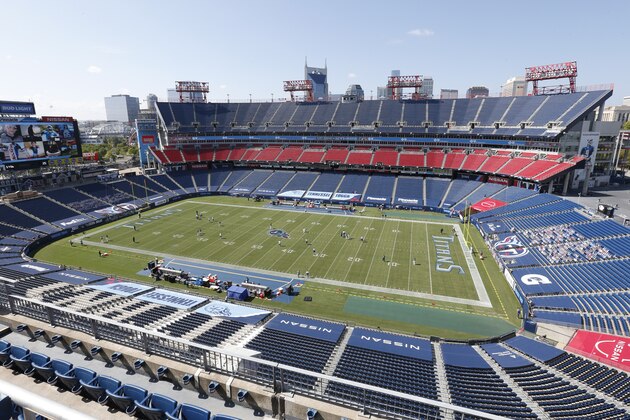 Players warm up with no fans in the stadium before an NFL football game between the Tennessee Titans and the Jacksonville Jaguars Sunday, Sept. 20, 2020, in Nashville, Tenn. (AP Photo/Wade Payne)