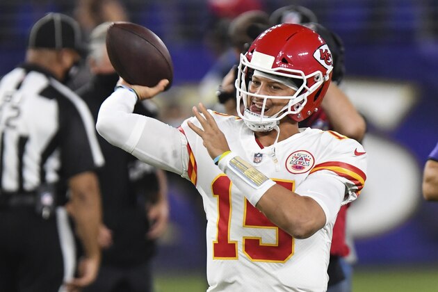 Kansas City Chiefs quarterback Patrick Mahomes (15) warms-up before an NFL football game against the Baltimore Ravens, Monday, Sept. 28, 2020, in Baltimore. (AP Photo/Terrance Williams)