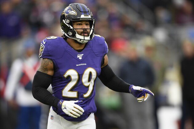 FILE - In this Nov. 17, 2019, file photo, Baltimore Ravens free safety Earl Thomas waits for a play during the second half of the team's NFL football game against the Houston Texans in Baltimore. The Baltimore Ravens have terminated the contract of the seven-time Pro Bowl safety, who got involved in a fight with a teammate Friday, Aug. 21, 2020, and did not attend practice Saturday, Aug. 22. (AP Photo/Nick Wass, File)