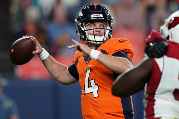 Denver Broncos quarterback Brett Rypien (4) looks to throw against the Arizona Cardinals during the second half of an NFL preseason football game, Thursday, Aug. 29, 2019, in Denver. (AP Photo/Jack Dempsey) Denver Broncos quarterback Brett Rypien (4) looks to throw against the Arizona Cardinals during the second half of an NFL preseason football game, Thursday, Aug. 29, 2019, in Denver. (AP Photo/Jack Dempsey)