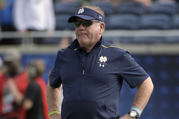 FILE - In this Dec. 28, 2019, file photo, Notre Dame head coach Brian Kelly watches warmups before the Camping World Bowl NCAA college football game against Iowa State in Orlando, Fla. Notre Dame heads to spring practice with question marks at various spots, but not at quarterback where Ian Book will be returning for the Fighting Irish. (AP Photo/Phelan M. Ebenhack, File)
