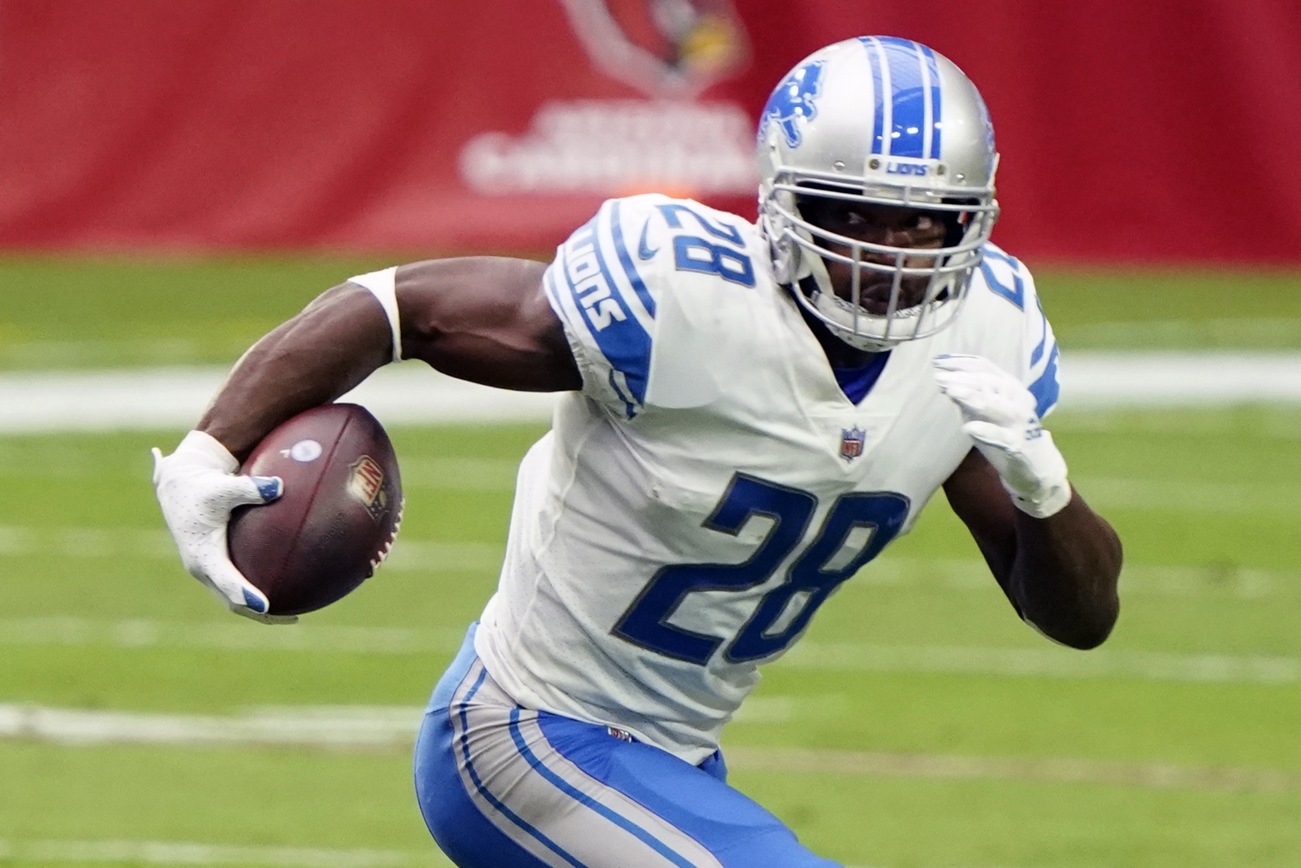Detroit Lions running back Adrian Peterson (28) during an NFL football game against the Arizona Cardinals, Sunday, Sept. 27, 2020, in Glendale, Ariz. (AP Photo/Rick Scuteri) Detroit Lions running back Adrian Peterson (28) during an NFL football game against the Arizona Cardinals, Sunday, Sept. 27, 2020, in Glendale, Ariz. (AP Photo/Rick Scuteri)