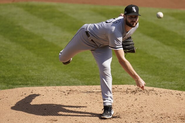 Chicago White Sox's Lucas Giolito pitches against the Oakland Athletics during the first inning of Game 1 of an American League wild-card baseball series Tuesday, Sept. 29, 2020, in Oakland, Calif. (AP Photo/Eric Risberg)