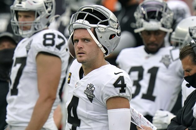 Las Vegas Raiders quarterback Derek Carr watches from the sideline in the second half of an NFL football game against the New England Patriots, Sunday, Sept. 27, 2020, in Foxborough, Mass. (AP Photo/Steven Senne) Las Vegas Raiders quarterback Derek Carr watches from the sideline in the second half of an NFL football game against the New England Patriots, Sunday, Sept. 27, 2020, in Foxborough, Mass. (AP Photo/Steven Senne)