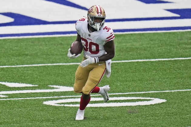 San Francisco 49ers' Jeff Wilson runs the ball during the second half of an NFL football game against the New York Giants, Sunday, Sept. 27, 2020, in East Rutherford, N.J. (AP Photo/Corey Sipkin) San Francisco 49ers' Jeff Wilson runs the ball during the second half of an NFL football game against the New York Giants, Sunday, Sept. 27, 2020, in East Rutherford, N.J. (AP Photo/Corey Sipkin)