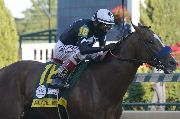Jockey John Velazquez riding Authentic gallops to the finish line to win the 146th running of the Kentucky Derby at Churchill Downs, Saturday, Sept. 5, 2020, in Louisville, Ky. (AP Photo/Darron Cummings) Jockey John Velazquez riding Authentic gallops to the finish line to win the 146th running of the Kentucky Derby at Churchill Downs, Saturday, Sept. 5, 2020, in Louisville, Ky. (AP Photo/Darron Cummings)