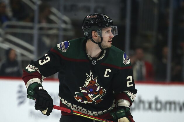 Arizona Coyotes defenseman Oliver Ekman-Larsson looks for a pass from a teammate during the second period of an NHL hockey game against the Buffalo Sabres Saturday, Feb. 29, 2020, in Glendale, Ariz. The Coyotes defeated the Sabres 5-2. (AP Photo/Ross D. Franklin)