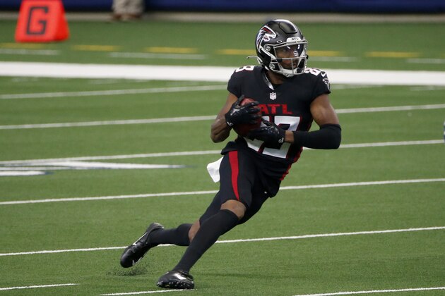 Atlanta Falcons wide receiver Russell Gage (83) runs against the Dallas Cowboys during the second quarter of an NFL Football game in Arlington, Texas, Sunday, Sept. 20, 2020. (AP Photo/Michael Ainsworth) Atlanta Falcons wide receiver Russell Gage (83) runs against the Dallas Cowboys during the second quarter of an NFL Football game in Arlington, Texas, Sunday, Sept. 20, 2020. (AP Photo/Michael Ainsworth)
