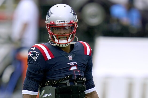 New England Patriots quarterback Cam Newton warms up before an NFL football game against the Las Vegas Raiders, Sunday, Sept. 27, 2020, in Foxborough, Mass. (AP Photo/Charles Krupa)