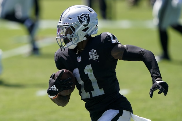 Las Vegas Raiders wide receiver Henry Ruggs III runs against the Carolina Panthers during the first half of an NFL football game Sunday, Sept. 13, 2020, in Charlotte, N.C. (AP Photo/Brian Blanco)