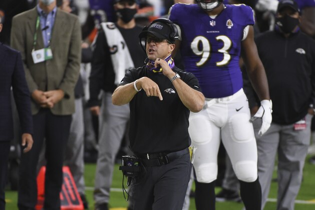 Baltimore Ravens head coach John Harbaugh reacts on the sideline during the first half of an NFL football game against the Houston Texans Sunday, Sept. 20, 2020, in Houston. (AP Photo/Eric Christian Smith) Baltimore Ravens head coach John Harbaugh reacts on the sideline during the first half of an NFL football game against the Houston Texans Sunday, Sept. 20, 2020, in Houston. (AP Photo/Eric Christian Smith)