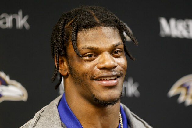 Baltimore Ravens quarterback Lamar Jackson meets with reporters following an NFL football game in Orchard Park, N.Y., Sunday, Dec. 8, 2019. The Ravens won 24-17. (AP Photo/John Munson)