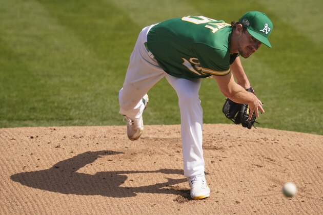 Oakland Athletics' Chris Bassitt pitches against the Chicago White Sox during the first inning of Game 2 of an American League wild-card baseball series Wednesday, Sept. 30, 2020, in Oakland, Calif. (AP Photo/Eric Risberg)
