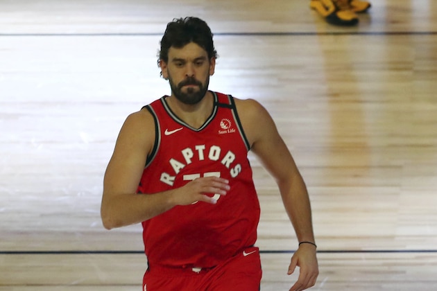 Toronto Raptors center Marc Gasol (33) before playing against the Brooklyn Nets in of Game 4 of an NBA basketball first-round playoff series, Sunday, Aug. 23, 2020, in Lake Buena Vista, Fla. (Kim Klement/Pool Photo via AP)