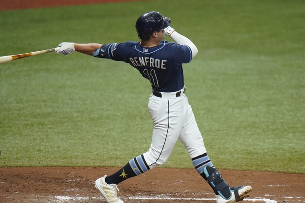 Tampa Bay Rays' Hunter Renfroe watches his grand slam off Toronto Blue Jays starting pitcher Hyun-Jin Ryu during the second inning of Game 2 of an American League wild-card baseball series Wednesday, Sept. 30, 2020, in St. Petersburg, Fla. (AP Photo/Chris O'Meara)