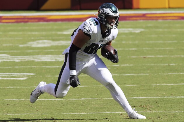 Philadelphia Eagles tight end Dallas Goedert (88) in action during an NFL match against the Philadelphia Eagles and the Washington Football Team on Sunday, September 13, 2020 in Landover, Md. (AP Photo/Daniel Kucin Jr.) Philadelphia Eagles tight end Dallas Goedert (88) in action during an NFL match against the Philadelphia Eagles and the Washington Football Team on Sunday, September 13, 2020 in Landover, Md. (AP Photo/Daniel Kucin Jr.)