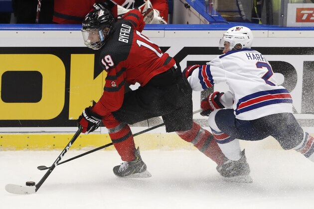 Jordan Harris of the US, right, challenges Canada's Quinton Byfield, left, during the U20 Ice Hockey Worlds match between Canada and the United States in Ostrava, Czech Republic, Thursday, Dec. 26, 2019. (AP Photo/Petr David Josek) Jordan Harris of the US, right, challenges Canada's Quinton Byfield, left, during the U20 Ice Hockey Worlds match between Canada and the United States in Ostrava, Czech Republic, Thursday, Dec. 26, 2019. (AP Photo/Petr David Josek)