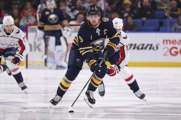 Buffalo Sabres forward Jack Eichel (9) carries the puck during the first period of an NHL hockey game against the Washington Capitals, Monday, March 9, 2020, in Buffalo, N.Y. (AP Photo/Jeffrey T. Barnes) Buffalo Sabres forward Jack Eichel (9) carries the puck during the first period of an NHL hockey game against the Washington Capitals, Monday, March 9, 2020, in Buffalo, N.Y. (AP Photo/Jeffrey T. Barnes)