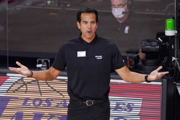 Miami Heat head coach Erik Spoelstra watches the action during the second half of an NBA conference final playoff basketball game against the Boston Celtics Friday, Sept. 25, 2020, in Lake Buena Vista, Fla. (AP Photo/Mark J. Terrill) Miami Heat head coach Erik Spoelstra watches the action during the second half of an NBA conference final playoff basketball game against the Boston Celtics Friday, Sept. 25, 2020, in Lake Buena Vista, Fla. (AP Photo/Mark J. Terrill)