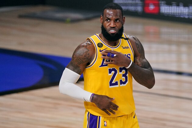 Los Angeles Lakers' LeBron James (23) prepares for play to start during the second half of Game 1 of basketball's NBA Finals Wednesday, Sept. 30, 2020, in Lake Buena Vista, Fla. (AP Photo/Mark J. Terrill)